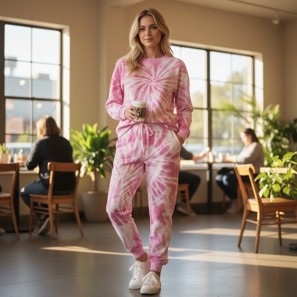 Jane & Delancey Pink White Spiral Tie Dye Lounge Set Sweatshirt Joggers Small
